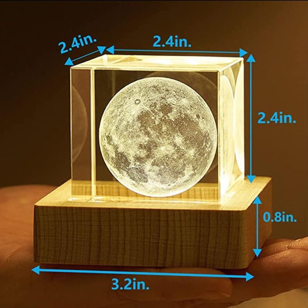 3D Crystal Cube Moon LED Night Lamp with wooden base stand3D Crystal Cube Moon with ED Night Lamp