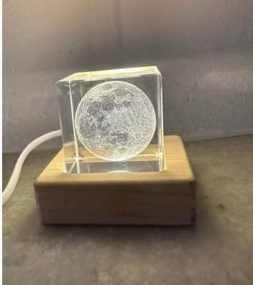 3D Crystal Cube Moon LED Night Lamp with wooden base stand